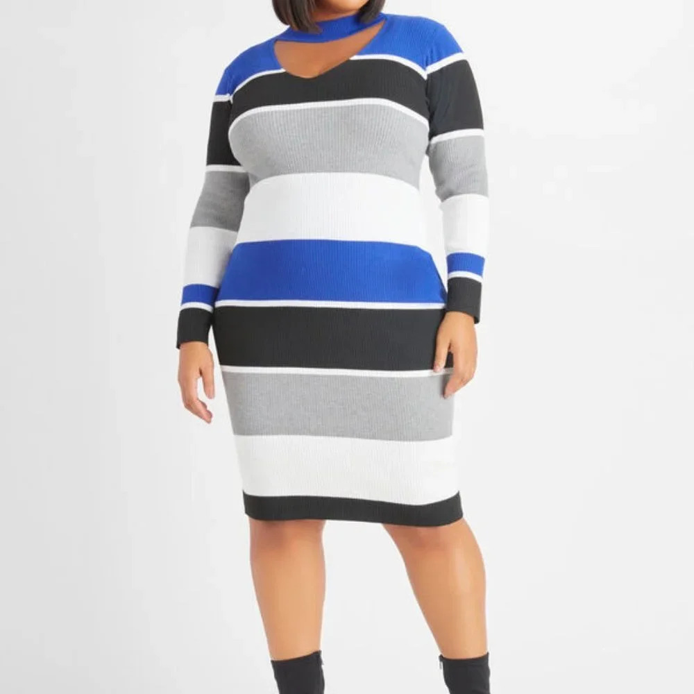 Ashley Stewart Blue Black Gray White Striped Long Sleeve Sweater Dress
